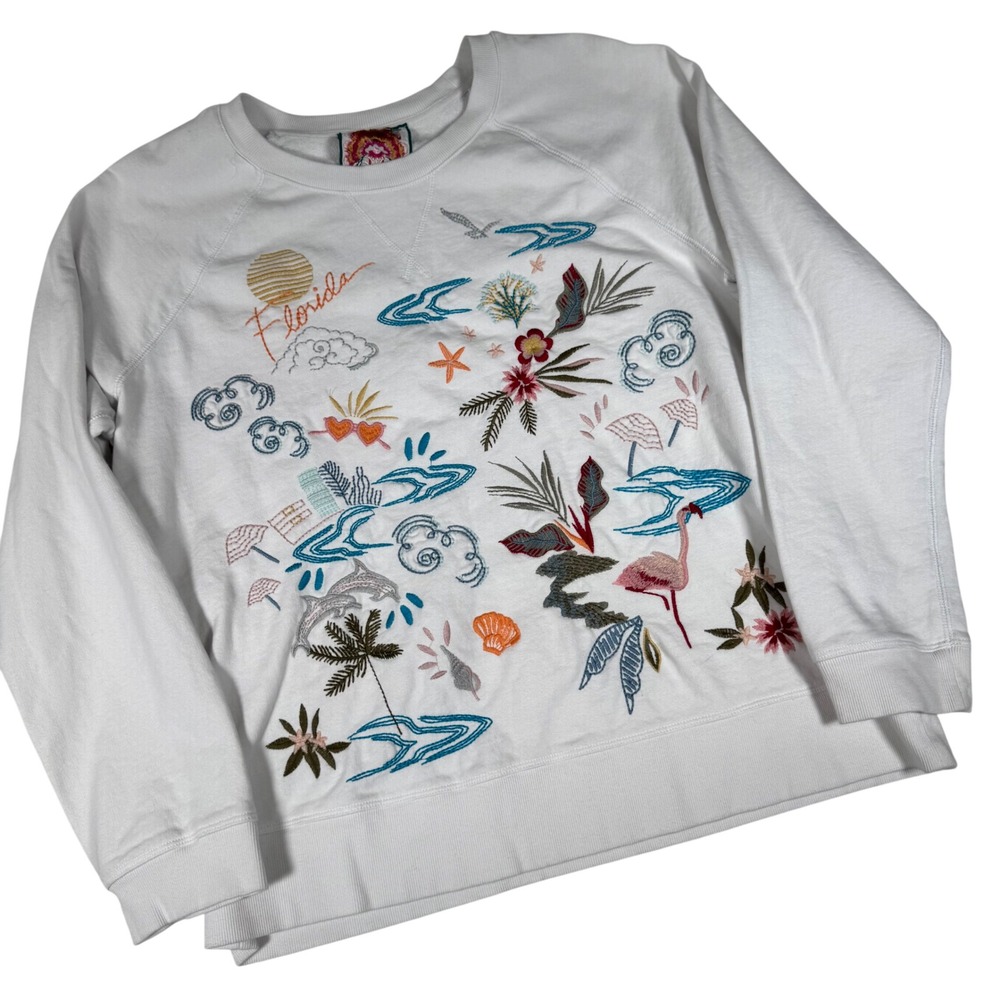 Johnny Was Sweatshirt Women L White Embroidered Florida Tropical R45322-E Boho